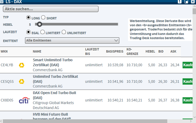 Screenshot: Derivatesuche bei Trading Desk - kostenlose Börsensoftware