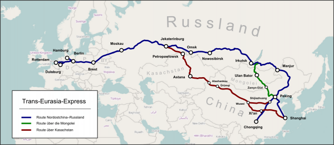 Streckenverlauf des TransEurasiaExpress - Quelle: Wikipedia, User Pechristener, Eigenes Werk, map was created using Open Street Map, CC BY-SA 2.0