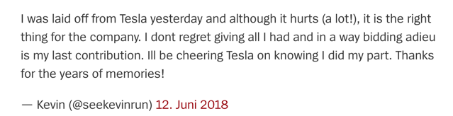 Twitter Kommentar eines gekündigten Mitarbeiters von Tesla