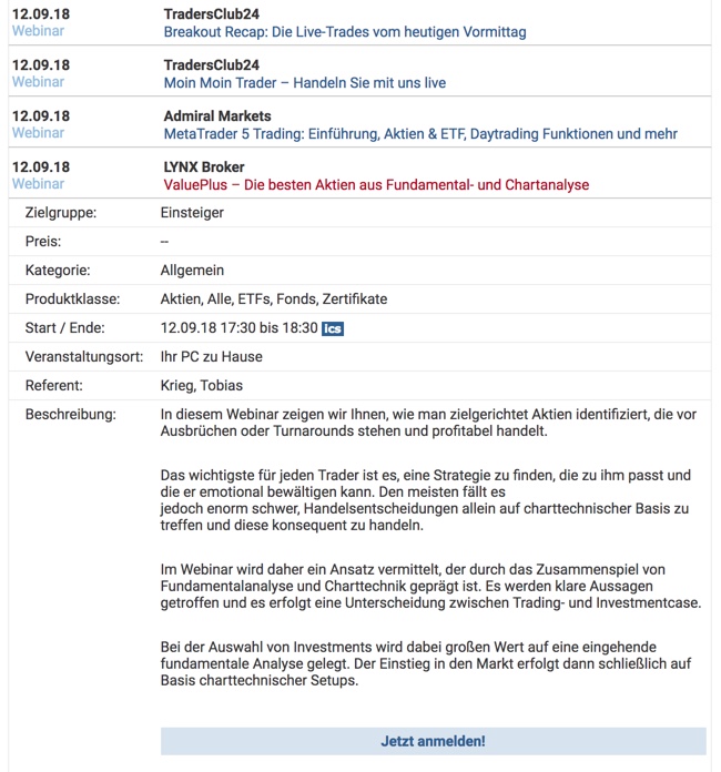 Beispiel: Webinarkalender auf finanztreff.de